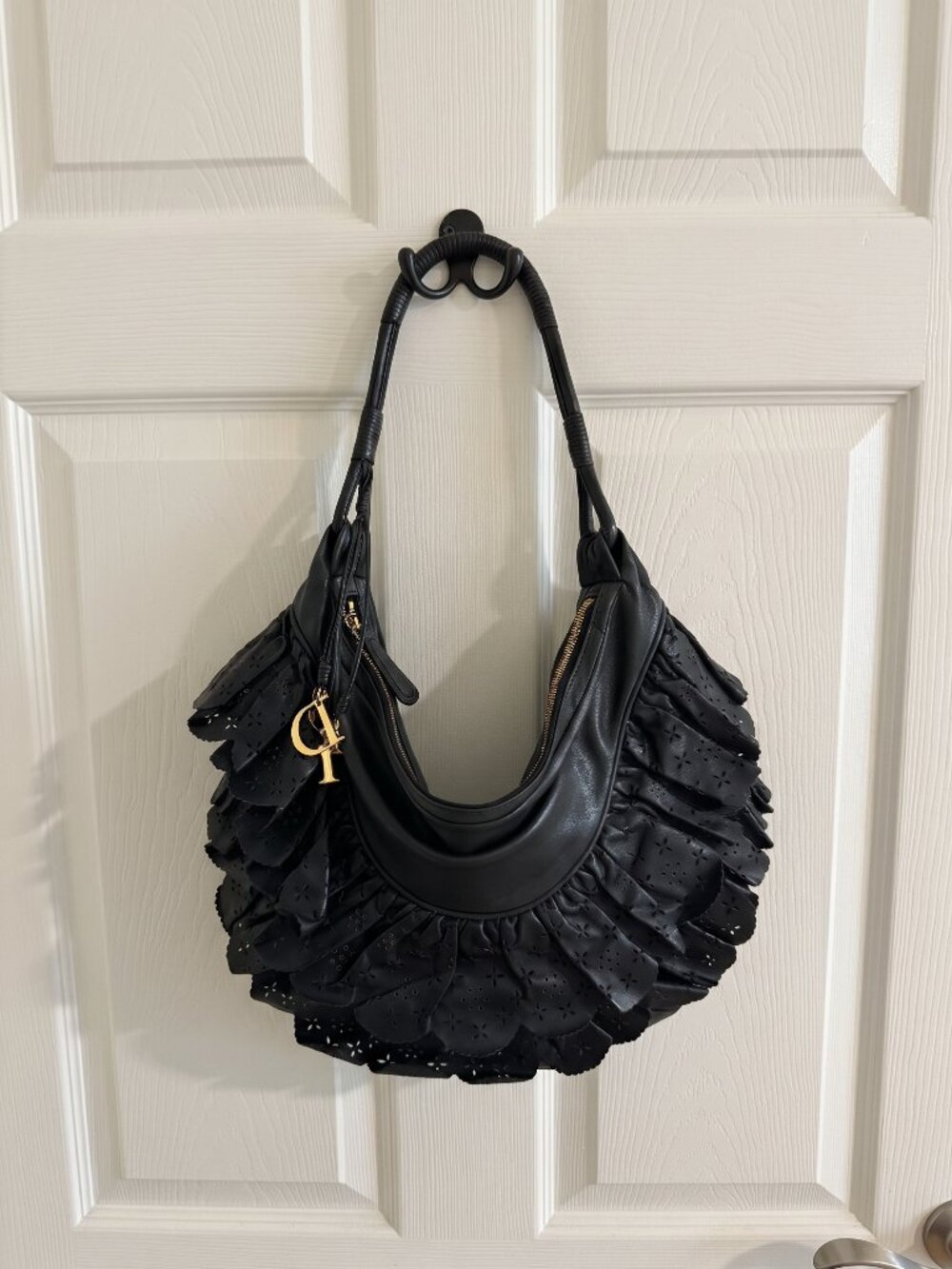 Christian Dior Gypsy Ruffle Hobo Bag Black Leather Gold DIOR Charm